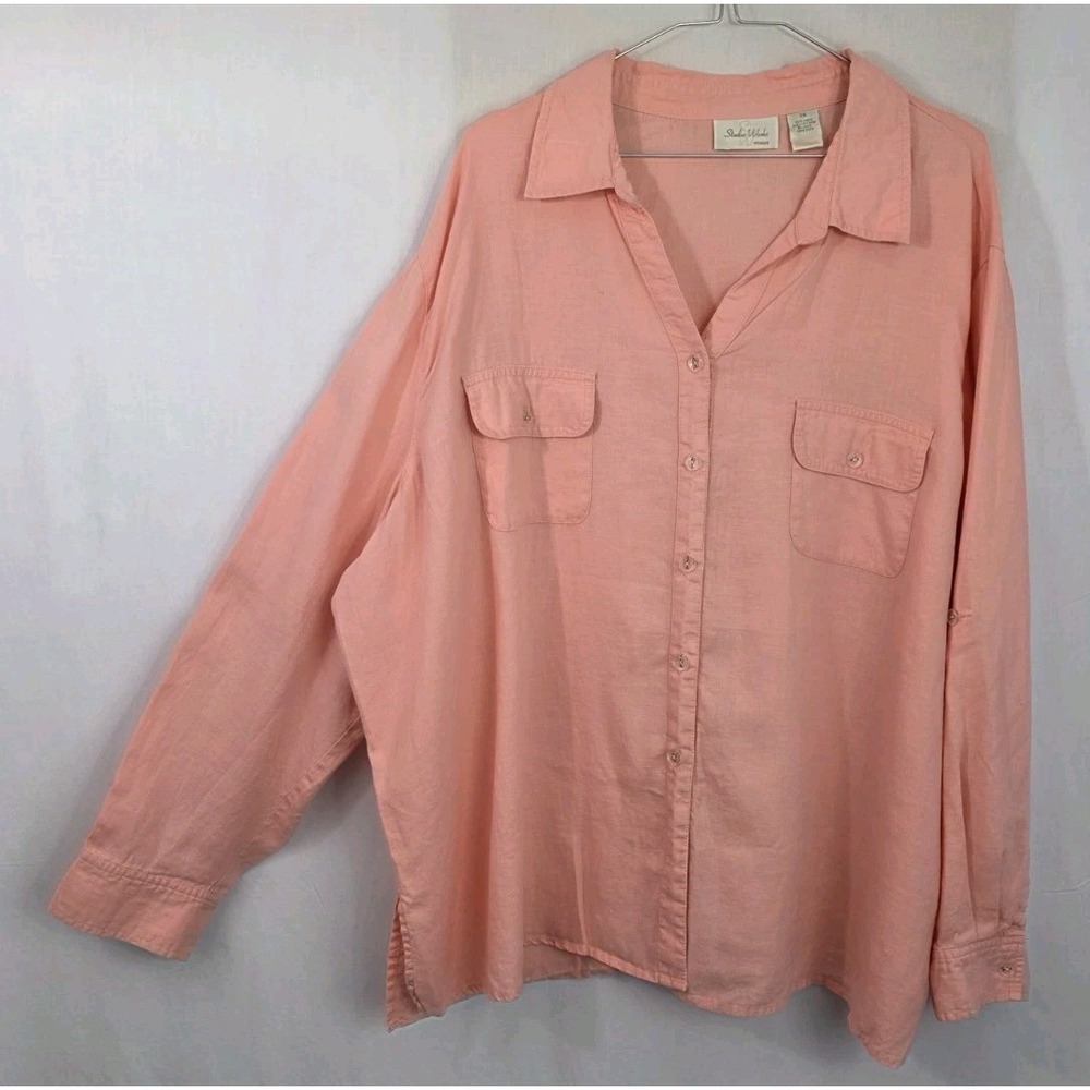 Studio Works Womens 3X 100% Linen Button Up Top Peach Spring Preppy Beach